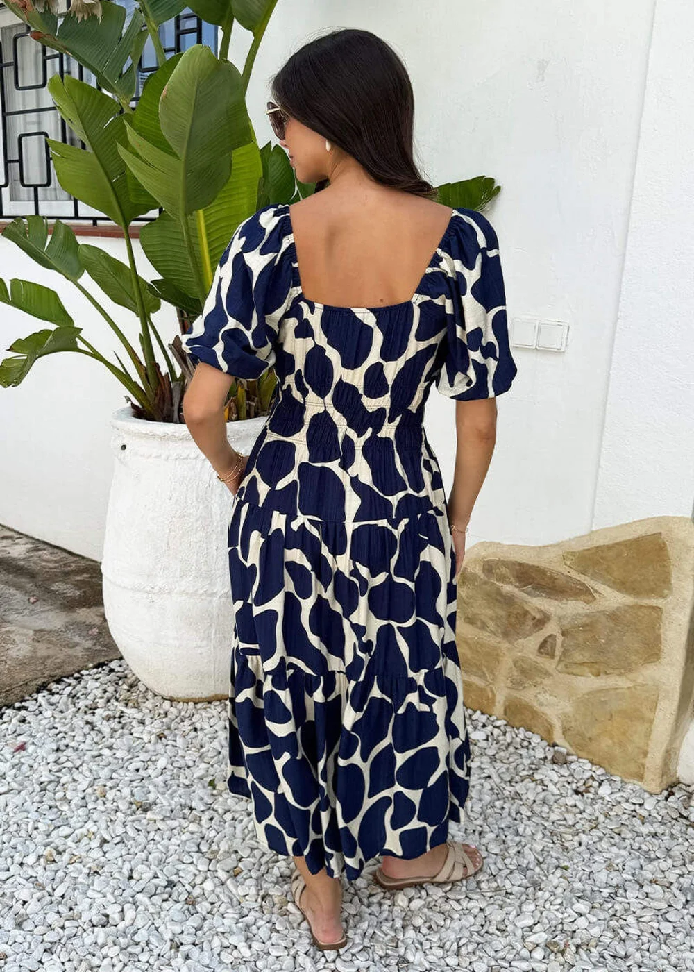 AX Paris Navy and Cream Abstract Print Puff Sleeve Smock Midi Dress - 14 Image 4