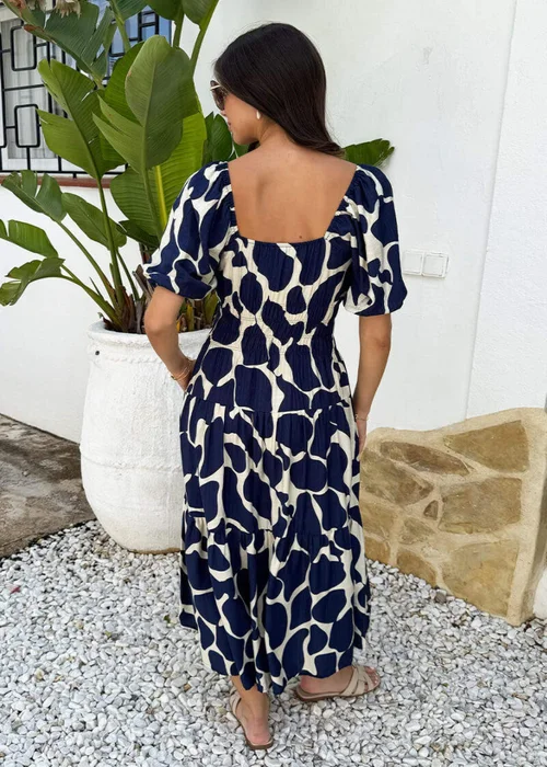 AX Paris Navy and Cream Abstract Print Puff Sleeve Smock Midi Dress - 14 Image 4