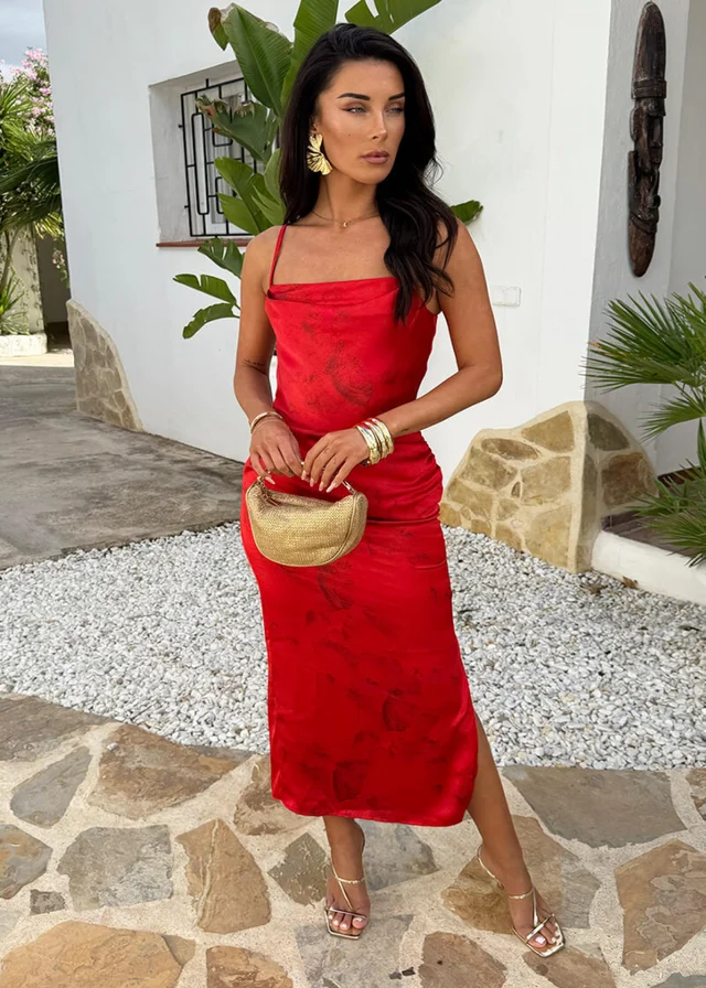 AX Paris Red Printed Ruched Side Strappy Midi Dress