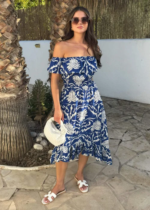 AX Paris Blue Palm Tree Print Bardot Frill Hem Midi Dress - 10 Image 2