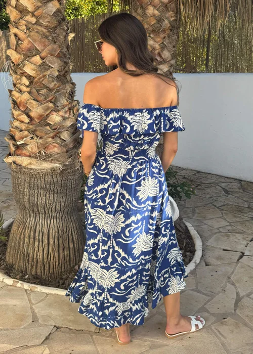 AX Paris Blue Palm Tree Print Bardot Frill Hem Midi Dress - 10 Image 5