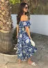 AX Paris Blue Palm Tree Print Bardot Frill Hem Midi Dress - 10 Image 4