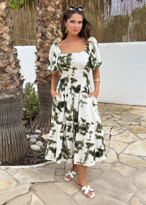 AX Paris Olive & White Smudge Print Shirred Waist Smock Midi Dress - 10 Image 3