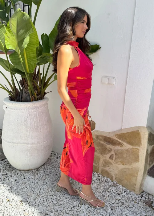 AX Paris Pink & Orange Floral Print Halter Neck Midi Dress - 16 Image 4