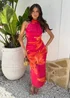 AX Paris Pink & Orange Floral Print Halter Neck Midi Dress - 16 Image 3