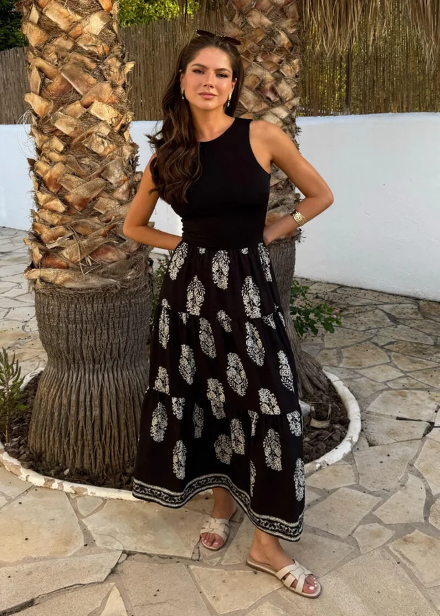 AX Paris Black Border Print 2 In 1 Smock Midi Dress