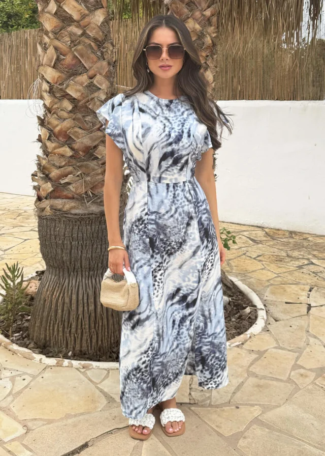 AX Paris Blue Abstract Animal Print Flutter Sleeve Midi Dress