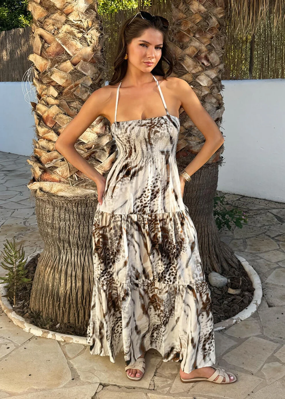 AX Paris Multi Animal Print Tie Neck Shirred Top Smock Midi Dress - 16 Image 2