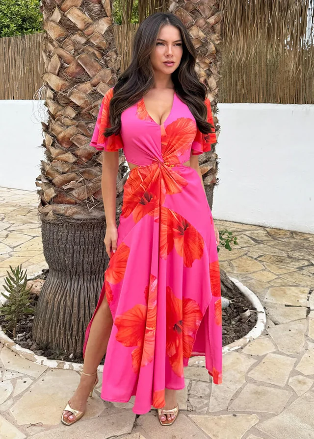AX Paris Pink & Orange Floral Print V Neck Cut Out Knot Detail Midi Dress