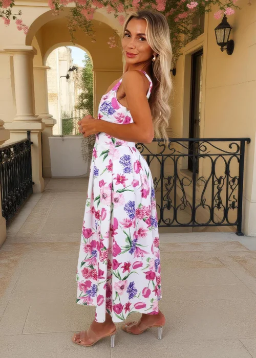 AX Paris Pink Floral Print Square Neck A-line Midi Dress - 10 Image 4