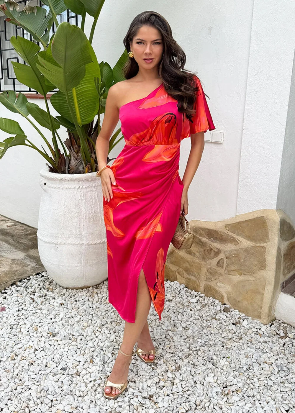 AX Paris Pink & Orange Floral Print One Sleeve Wrap Midi Dress - 14 Image 1