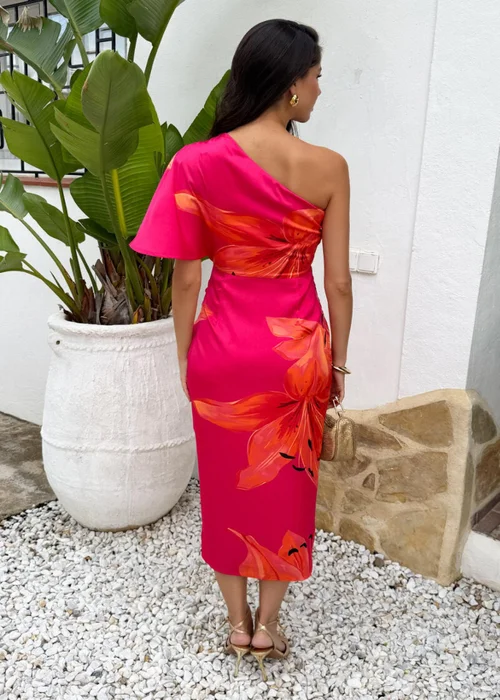 AX Paris Pink & Orange Floral Print One Sleeve Wrap Midi Dress - 14 Image 5