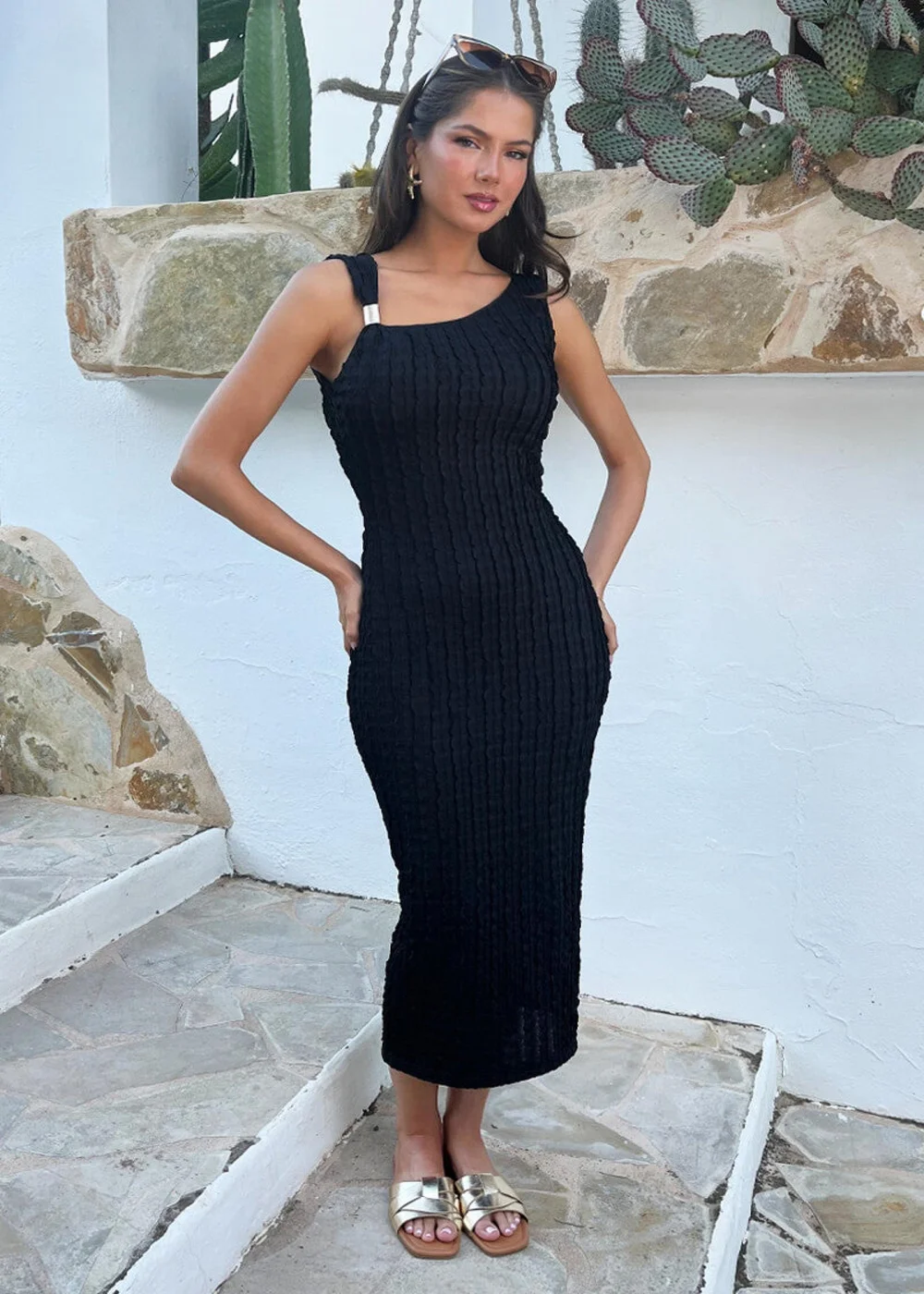 AX Paris Black Textured Asymmetric Neckline Bodycon Midi Dress - 16 Image 1