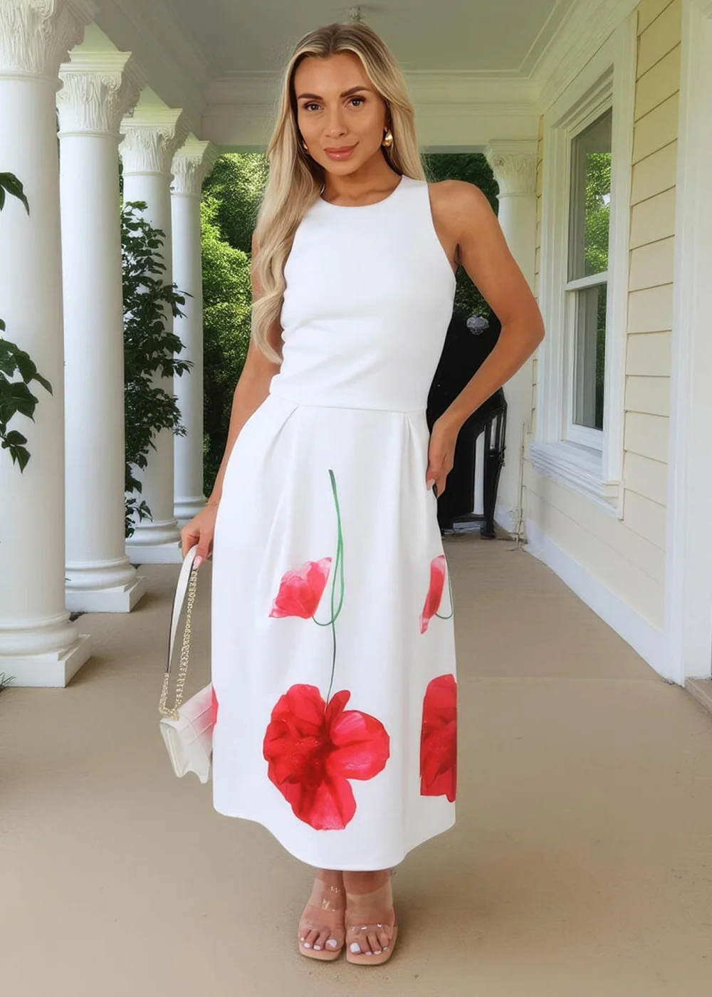 AX Paris Cream Floral Printed Skirt Racer Neck A-Line Midi Dress - 10 Image 3