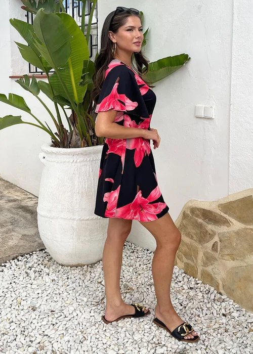 AX Paris Black And Cerise Floral Print Wrap Top Skater Mini Dress - 8 Image 4