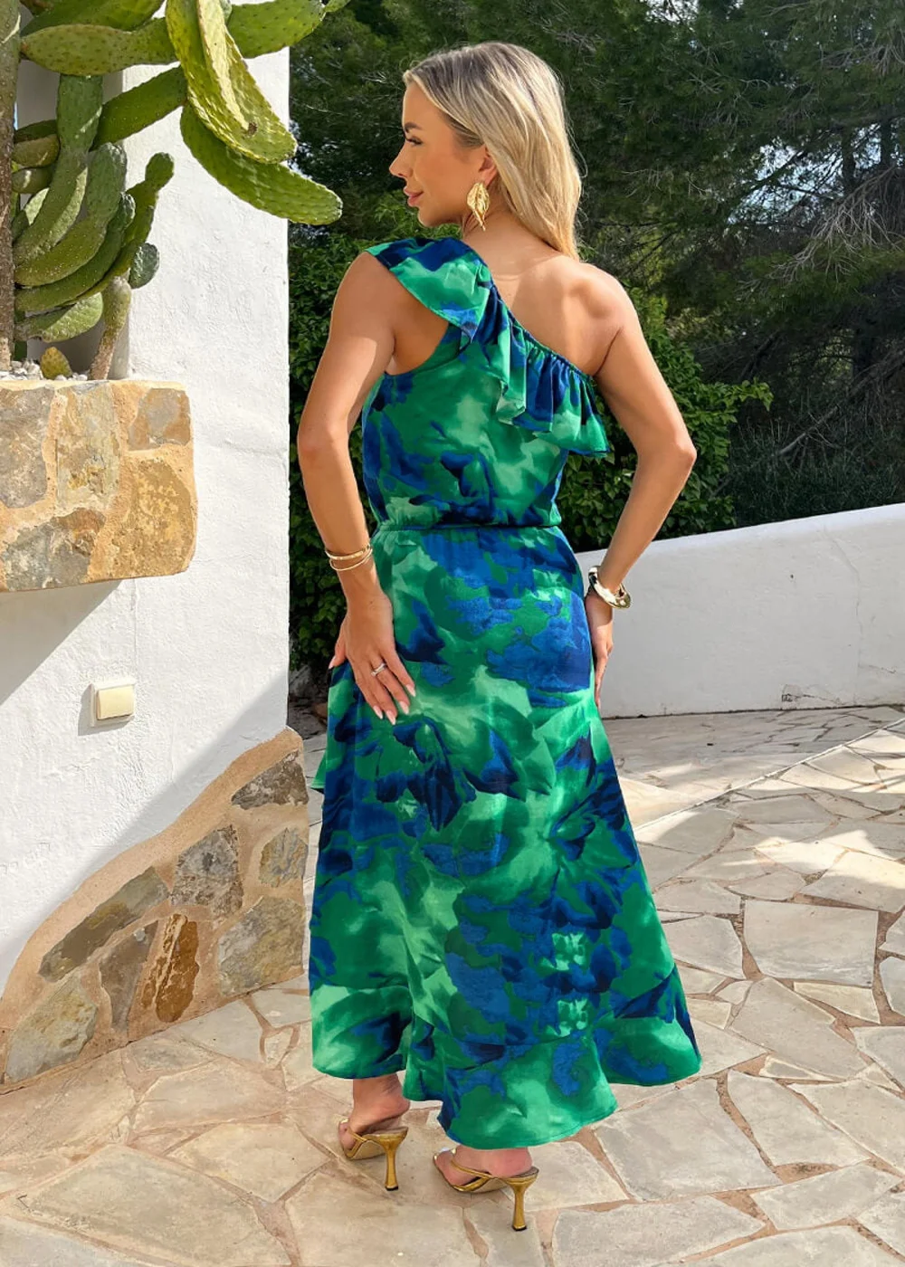 AX Paris Green And Blue Abstract Print One Shoulder Frill Midi Dress - 12 Image 5