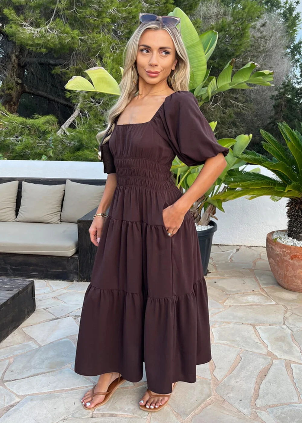 AX Paris Chocolate Puff Sleeve Shirred Waist Smock Midi Dress - 14 Image 3