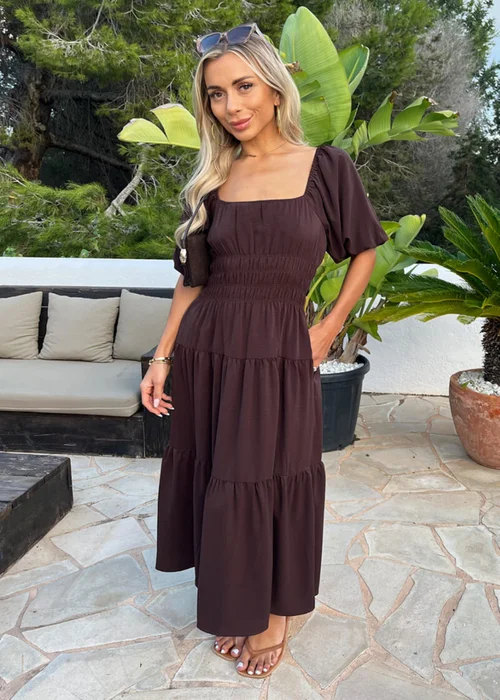 AX Paris Chocolate Puff Sleeve Shirred Waist Smock Midi Dress - 14 Image 2