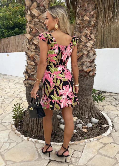 AX Paris Pink Tropical Flower Print Tie Front Puff Sleeve Mini Dress - 10 Image 5