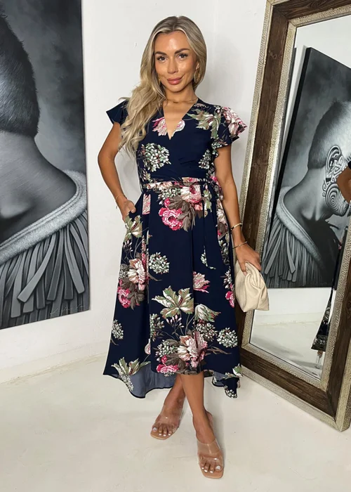 AX Paris Navy Floral Printed Belted Wrap Midi Dress - 10 Image 1