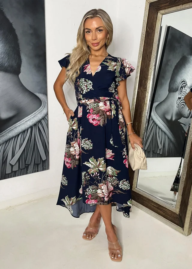 AX Paris Navy Floral Printed Belted Wrap Midi Dress