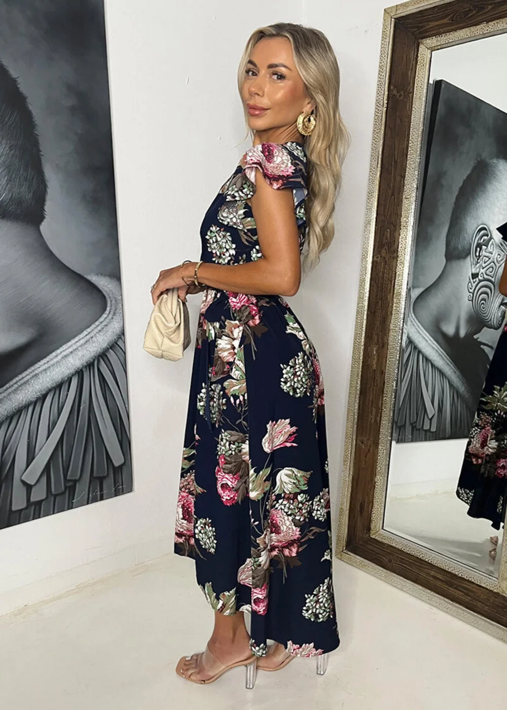 AX Paris Navy Floral Printed Belted Wrap Midi Dress - 10 Image 4