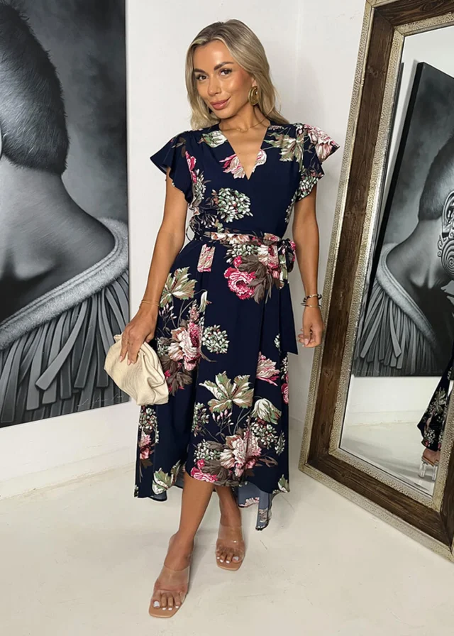 AX Paris Navy Floral Printed Belted Wrap Midi Dress