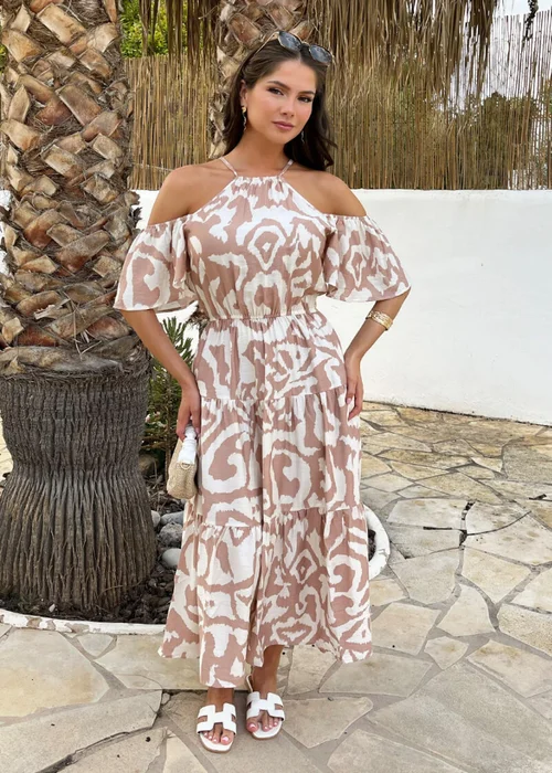 AX Paris Stone And Cream Abstract Print Cold Shoulder Smock Midi Dress - 10 Image 2