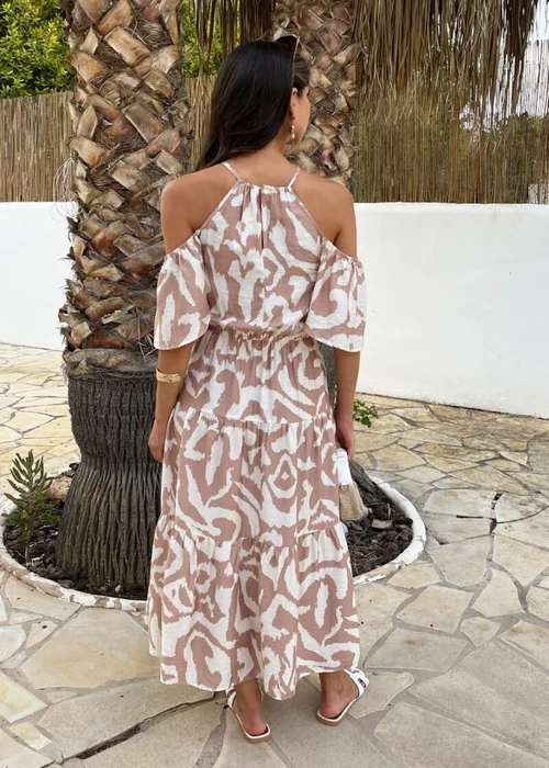 AX Paris Stone And Cream Abstract Print Cold Shoulder Smock Midi Dress - 10 Image 5