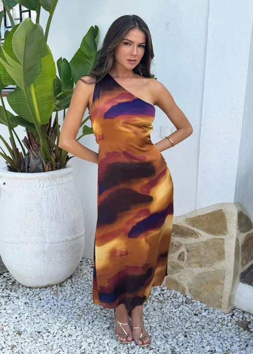 AX Paris Multi Smudge Print One Shoulder Twist Back Midi Dress - 10 Image 2