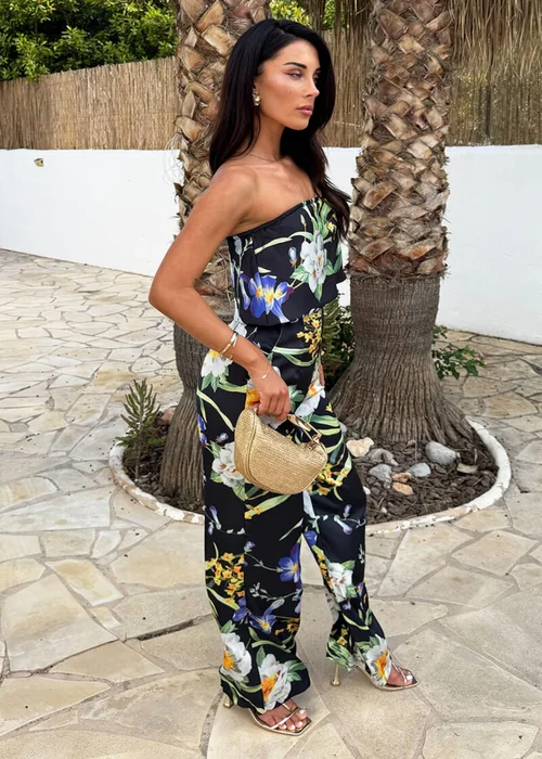 AX Paris Black Floral Print Strapless Fold Over Top Jumpsuit - 8 Image 4