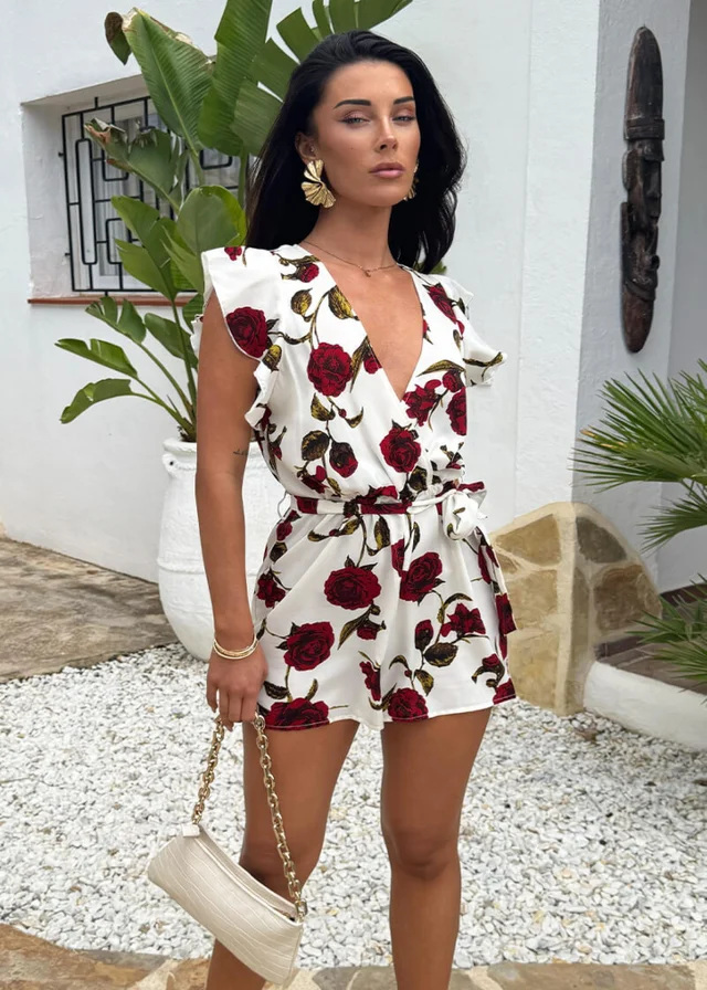 AX Paris Cream Rose Printed Flutter Sleeve Tie Waist Playsuit