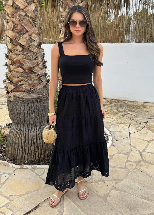 AX Paris Black Broderie Tiered Midi Skirt