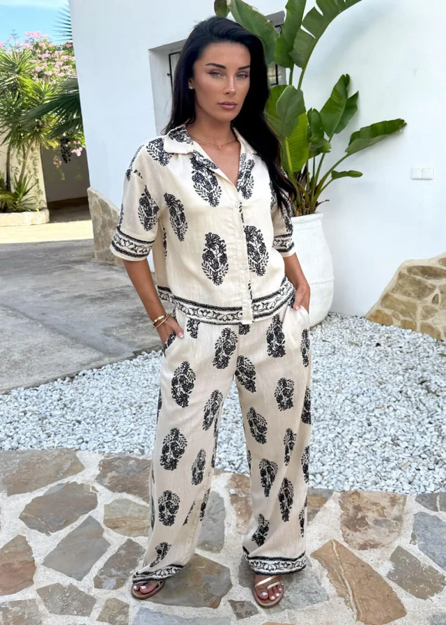 AX Paris Cream Border Print Wide Leg Trousers