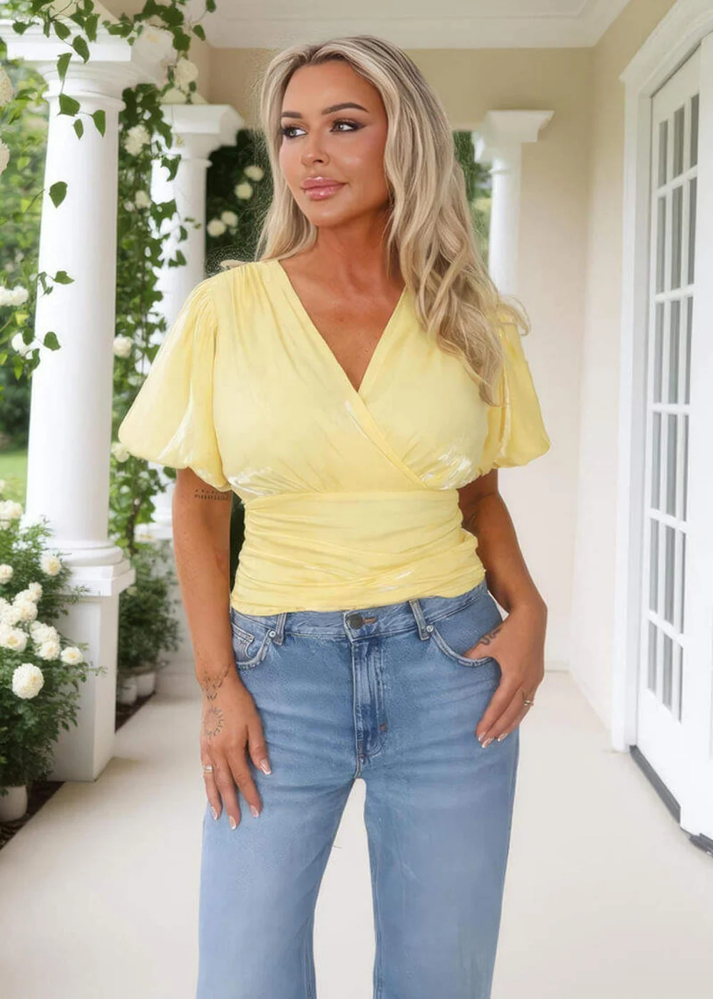AX Paris Yellow Puff Sleeve V-Neck Wrap Top - 8 Image 2