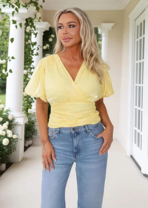 AX Paris Yellow Puff Sleeve V-Neck Wrap Top - 8 Image 2