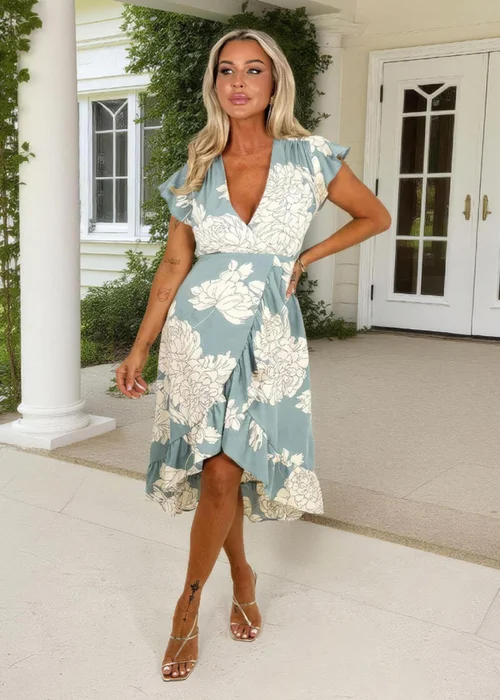 AX Paris Duck Egg & Cream Floral Print Frill Hem Wrap Midi Dress - 14 Image 1