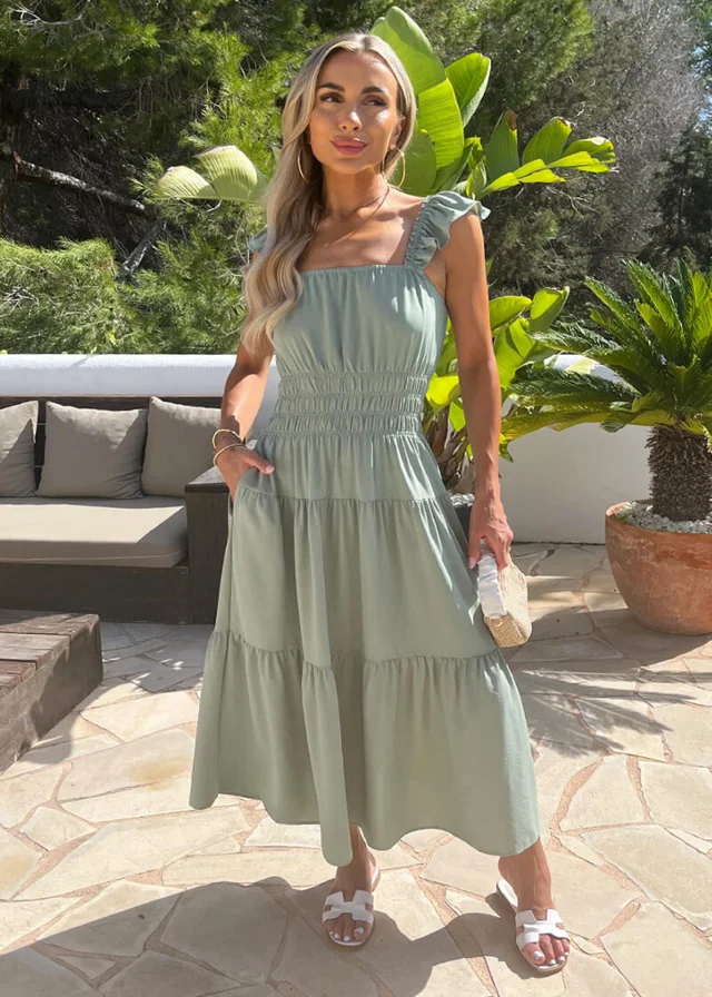 AX Paris Duck Egg Frill Strap Smock Midi Dress