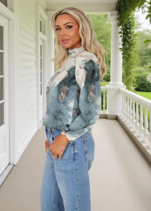 AX Paris Duck Egg Marble Print Long Sleeve Ruffle Neck Top - 14 Image 4