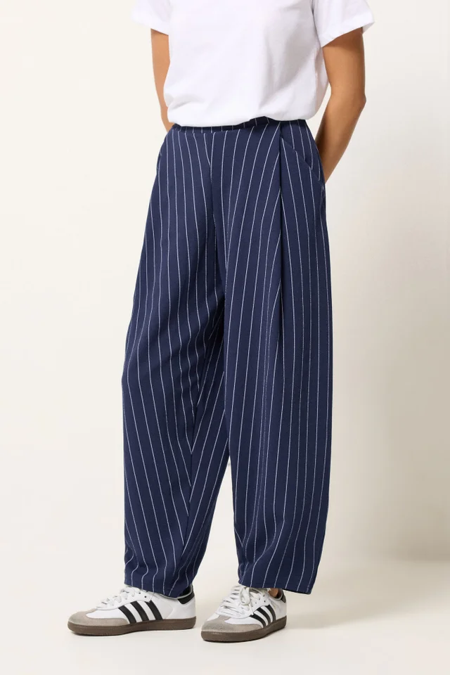 PixieGirl Petite Navy Blue Stripe Barrel Leg Trousers