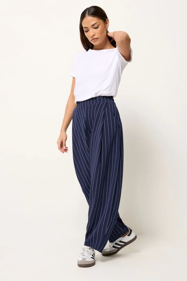 PixieGirl Petite Navy Blue Stripe Barrel Leg Trousers