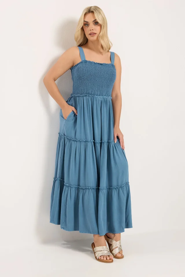 Yours Curve Blue Shirred Strappy Chambray Maxi Dress