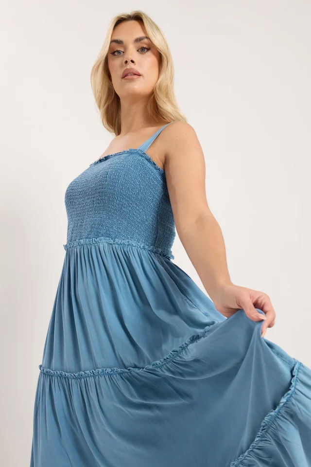Yours Curve Blue Shirred Strappy Chambray Maxi Dress