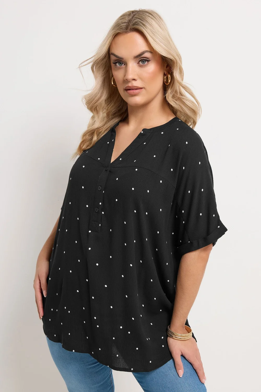 Yours Curve Black Crinkle Polka Dot Notch Neck Top - 16 Image 1