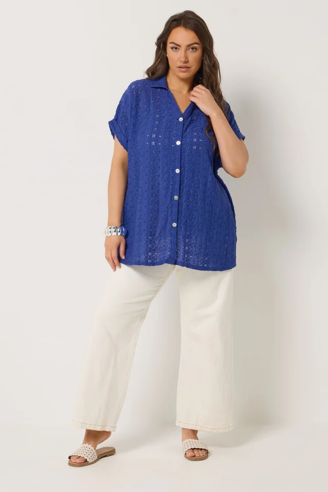 Yours Curve Cobalt Broderie Anglaise Grown On Sleeve Shirt