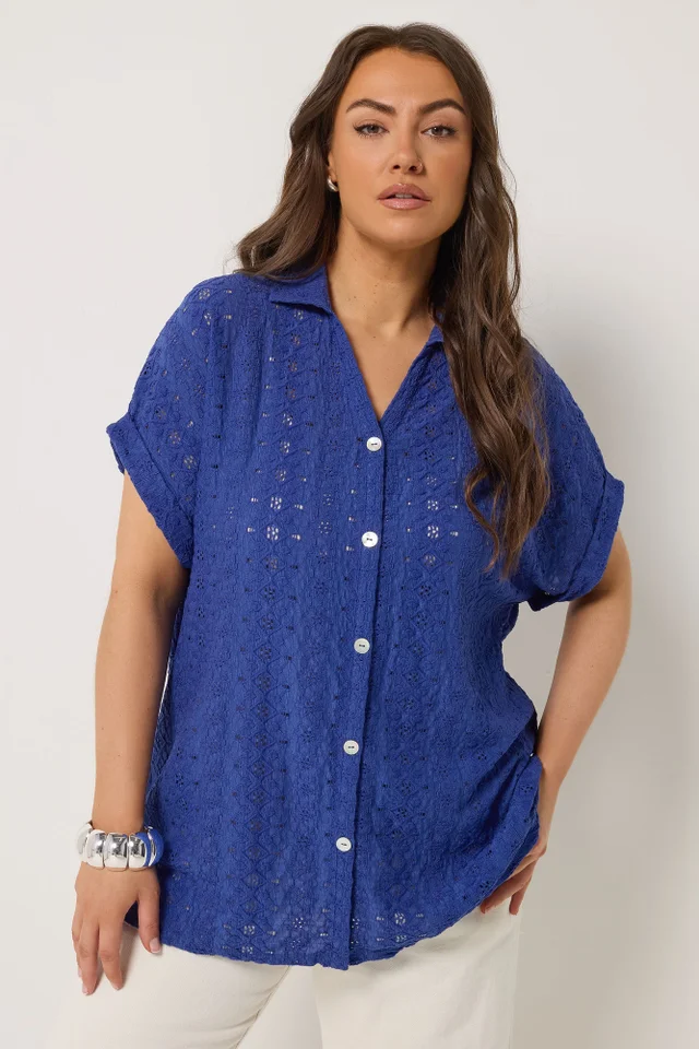 Yours Curve Cobalt Broderie Anglaise Grown On Sleeve Shirt