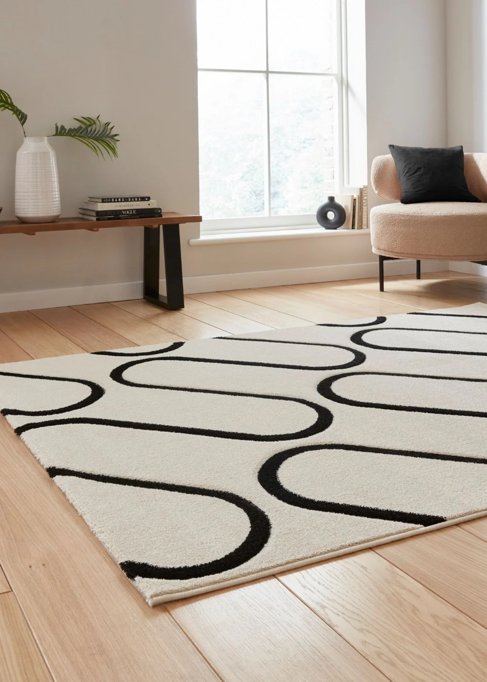 Catherine Lansfield Linear Curve White/Black Rug 80 x 150cm - 80 x 150 Image 2