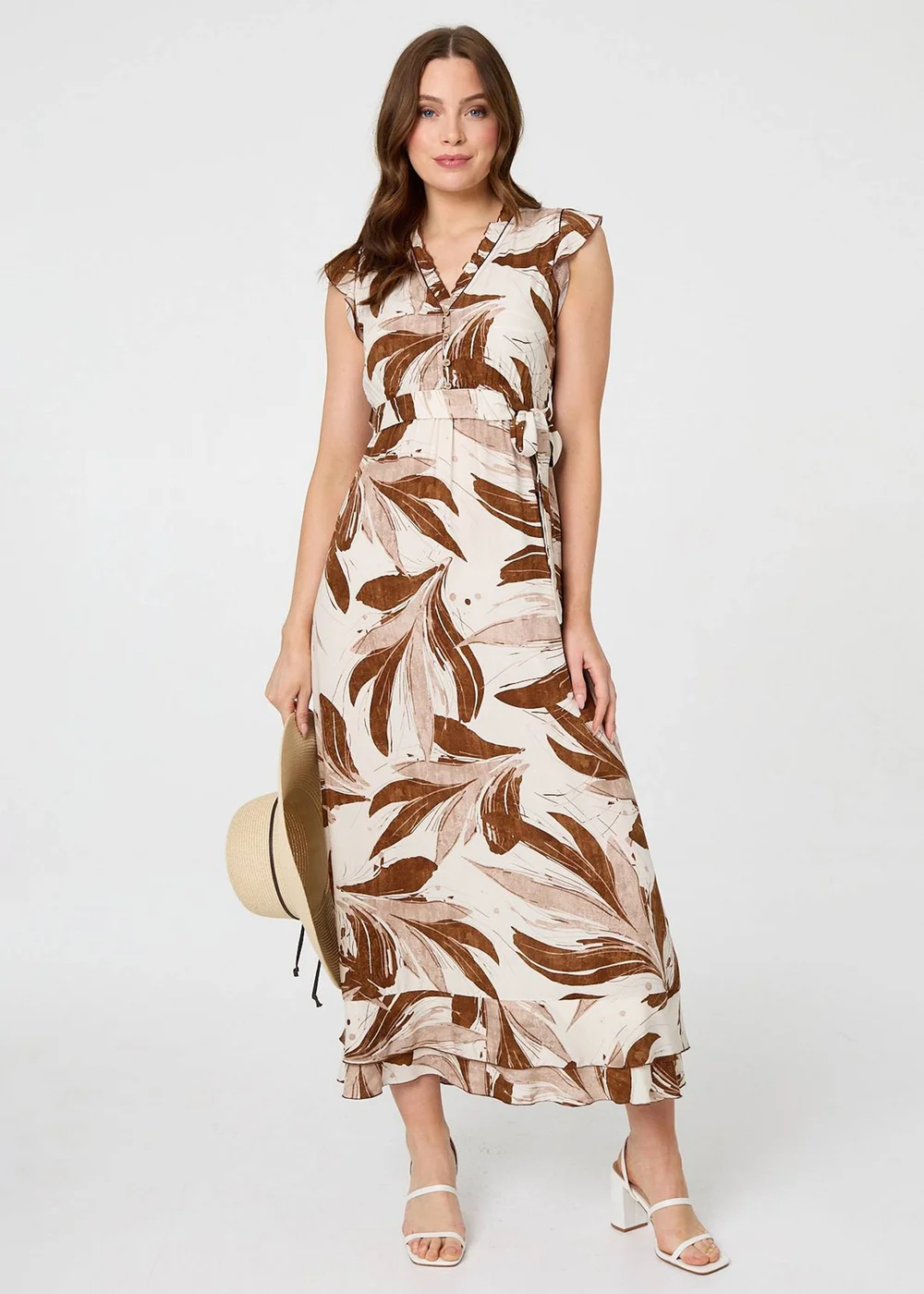Izabel London Brown Leaf Print Layered Tie Waist Maxi Dress - 12 Image 4