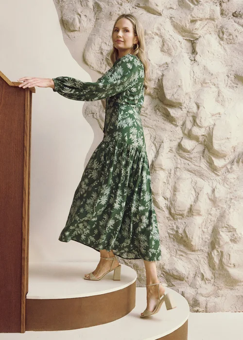 Izabel London Green Floral Long Sleeve Tie Neck Maxi Dress - 14 Image 2