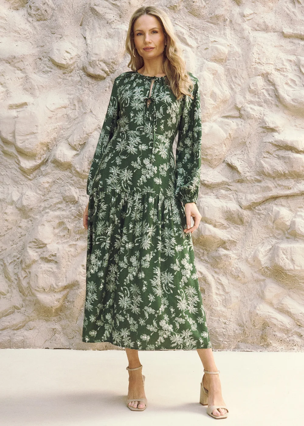 Izabel London Green Floral Long Sleeve Tie Neck Maxi Dress - 14 Image 1